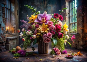 Fototapeta premium Luxurious Spring Floral Arrangement: Exotic Blooms in Urban Decay Setting