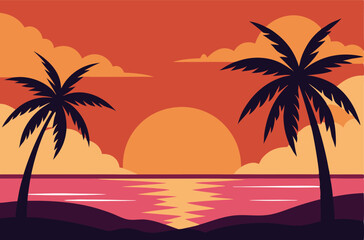 Tropical Sunset Vector Illustration with Palm Trees on a Serene Beach