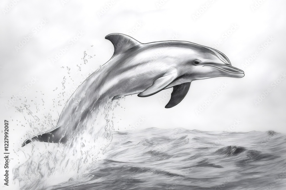Poster pencil sketch capturing a dolphin leaping out of the ocean, creating dynamic splashes and waves in a
