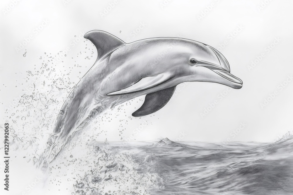Poster pencil sketch depicting a dolphin leaping joyfully from the ocean, creating dynamic splashes in the 
