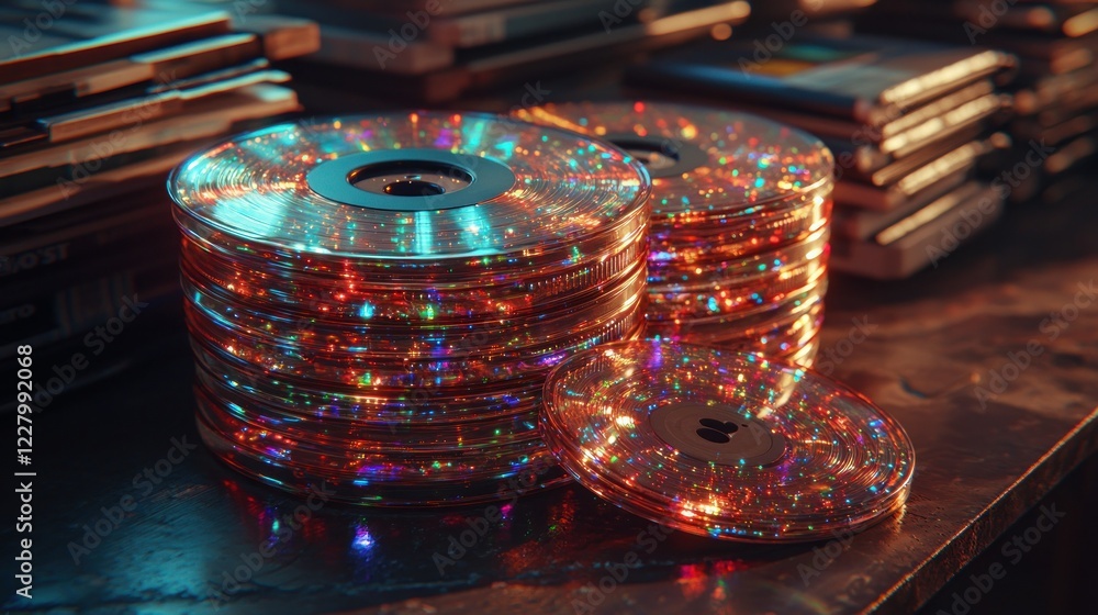 Poster sparkling data discs archive, digital storage, retro tech background