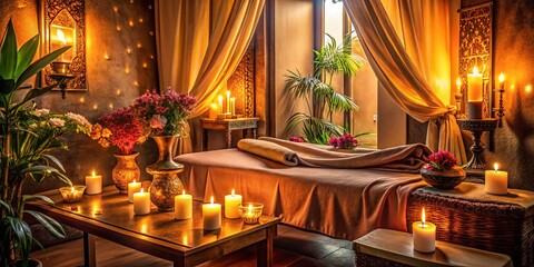 Luxurious Thai Massage Room: Candles, Flowers, Silk Drapes & Wellness Relaxation