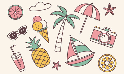 Vibrant Summer Icon Set with Tropical Fruits Beach Items and Retro Style
