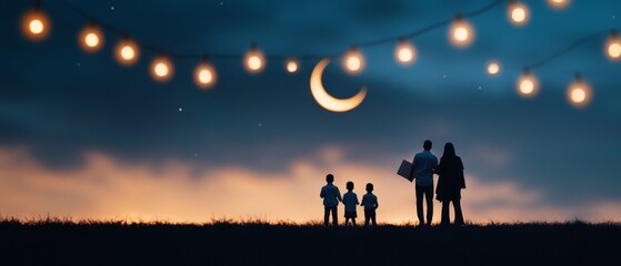 Fototapeta premium Urban Ramadan Harmony Family Silhouettes with Lantern Lights in Nighttime Cityscape - Spiritual Reflection and Festive Eid Design for Modern Cultural Marketing