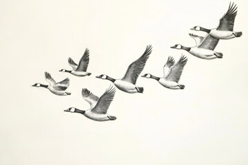 Pencil sketch of a flock of Canada geese flying in v shaped formation against a clear sky