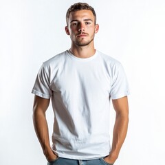 Fototapeta premium Casual Portrait with Plain T-Shirt on White Background, Minimalist Style, Focus on Clothing and Expression, Versatile for Various Uses