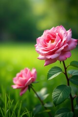 Soft petals of pink roses on a lush green grass, garden, meadow, flowers