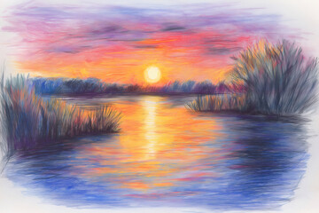 Vibrant sunset reflecting on calm lake water with reeds and trees, creating a peaceful and colorful scene in a realistic pencil sketch