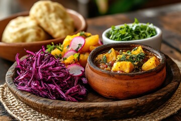 Afro-vegan Southern African cuisine, featuring pumpkin and morogo stew, maize meal dumplings, and a vibrant salad, served on a rustic wooden platter in warm lighting.