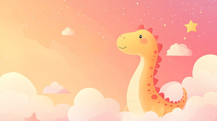 Fototapeta premium Cheerful Cartoon Dinosaur in a Magical Pastel Sky with Stars and Clouds, Representing Fantasy, Imagination, and Playful Creativity