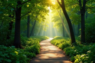 Obraz premium Sunlight filters through the canopy above a winding wooden boardwalk, swampy terrain, trees, lush green