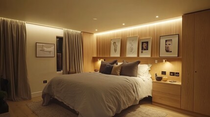 Modern bedroom with warm lighting and wooden accents