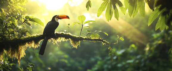 Naklejka premium Toucan resting on a mossy branch surrounded by lush tropical foliage and golden sunlight, representing the beauty of wildlife and rainforest ecosystems