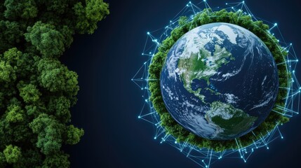 Fototapeta premium A digital globe showcasing a global network hovers over a serene river, highlighting eco-friendly initiatives amid lush forests