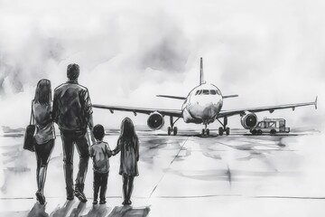 Fototapeta premium Ink wash painting of family looking at airplane on airport runway, starting a journey or saying goodbye to someone