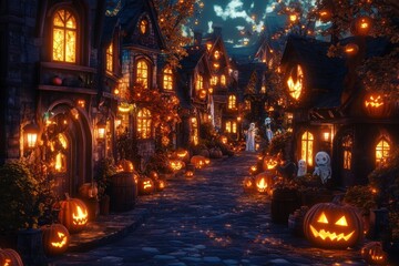 Mysterious Haunted House on a Foggy Halloween Night with Glowing Jack-o’-Lanterns, Flying Bats, and an Eerie Gothic Atmosphere