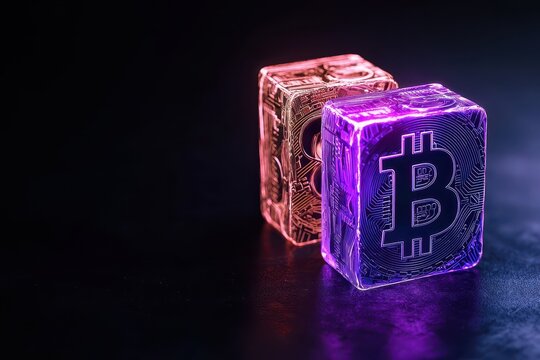 Colorful ice cubes with Bitcoin symbols illuminated in vibrant light.