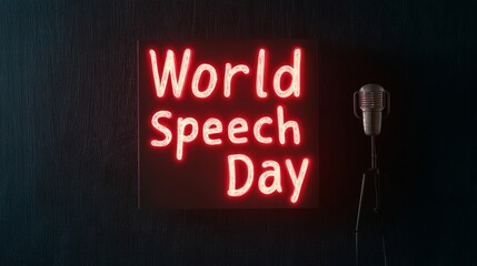 Obraz premium Modern Public Oratory Illuminated World Speech Day Backdrop with Industrial Metal Accents - Spring Networking and Marketing Event Design for Engaging Communication Professionals