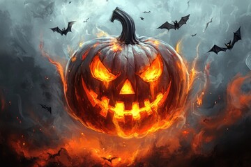 Naklejka premium Mysterious Haunted House on a Foggy Halloween Night with Glowing Jack-o’-Lanterns, Flying Bats, and an Eerie Gothic Atmosphere