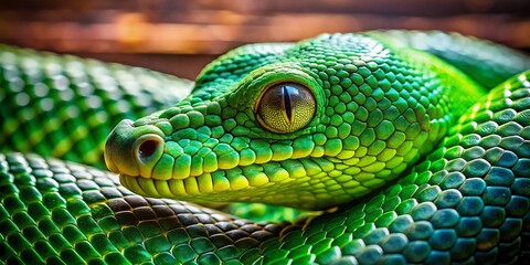 Fototapeta premium Macro Green Snake Skin 2025 - Wooden Background Stock Photo