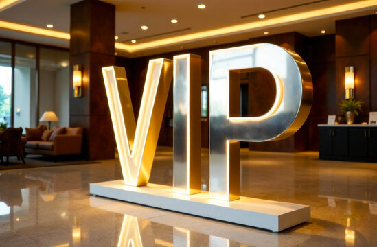 Stylish VIP sign stands prominently in a modern hotel lobby, welcoming guests with warm, inviting decor