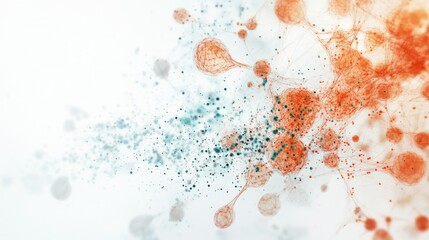 An abstract image of human cells and tissues with digital data overlays, set against a clean white background, Minimalist style