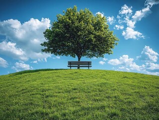 Lone Tree on Verdant Hillside with Wooden Bench Beneath Idyllic Cloudy Sky