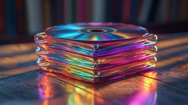 Stacked CDs on wooden table, bookshelf background