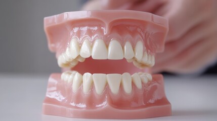 Obraz premium A close up of a model of a mouth with a person's hand behind it