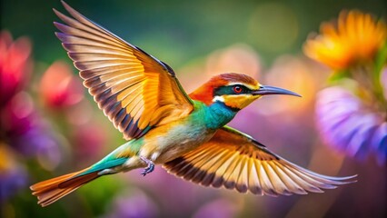 Obraz premium Macro Photography: Bird in Flight, Detailed Feather Texture, Wings Spread, Dynamic Pose, Nature Close-Up