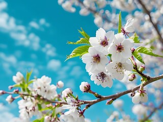 Close-Up Of White Cherry Blossoms Against Blue Sky