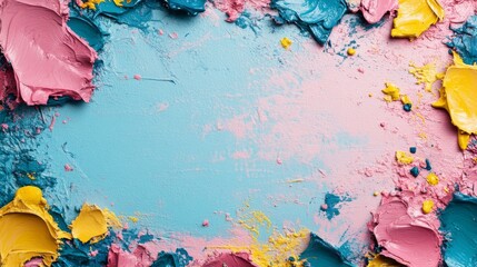 A visually striking textured canvas with vibrant swirls of paint in pink, blue, and yellow hues, creating a dynamic and joyous display of artistic expression.