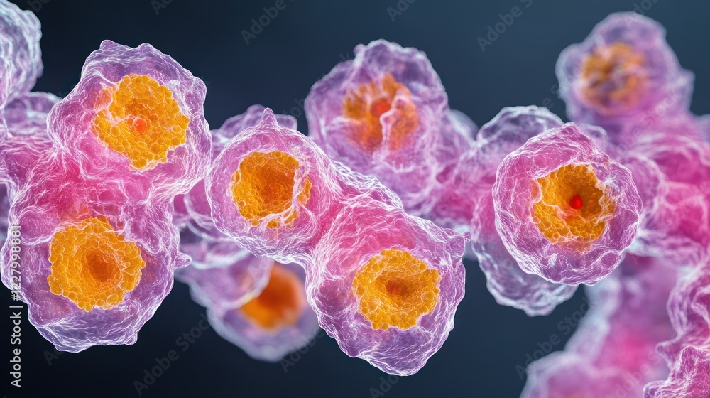 Poster microscopic view of multiple cells nucleus and cytoplasm