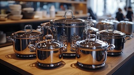 Stainless steel cookware set displayed in store