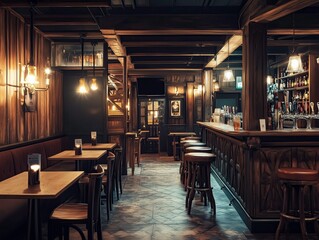 Cozy rustic pub interior with wooden bar and warm lighting