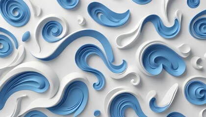 Formas arremolinadas abstractas en azul y blanco sobre un fondo blanco liso