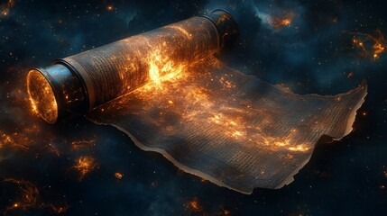 An ancient scroll with glowing text unfurls in the dark, surrounded by cosmic elements, conveying mystery and discovery of untold ancient secrets or knowledge.