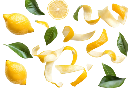 Fresh lemons, peels and green leaves on white background