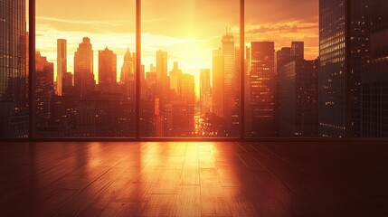 Plakat Golden city skyline viewed from a modern office, symbolizing success and opportunity. Ideal for real estate, corporate, and financial presentations.