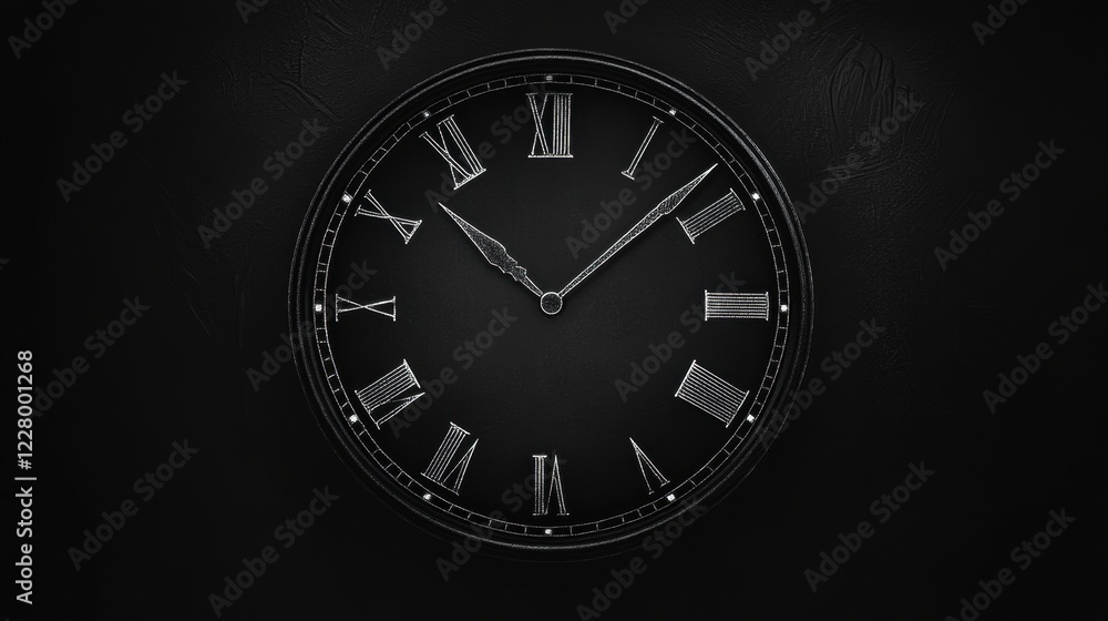 Fototapete elegant black wall clock with roman numeral markings showing the time on a dark background. generati