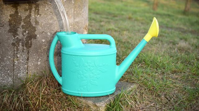 A gardener pours water into a watering can to water the garden.