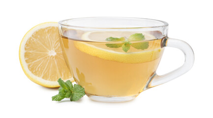 Tasty mint tea in cup, lemon and fresh leaves isolated on white