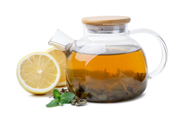 Aromatic mint tea with lemon, fresh and dried leaves isolated on white