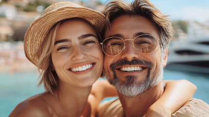 Smiling couple enjoying a sunny vacation by the sea, wearing straw hats and sunglasses. Concept of summer relaxation, love, and travel