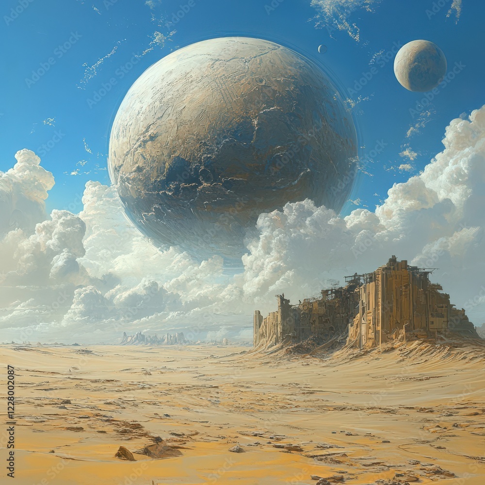 Wall mural a painting of a desert with a large planet in the sky and two smaller planets