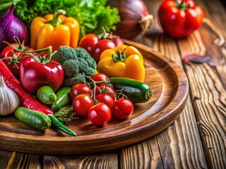 Macro Photography: Vibrant Vegetables on Rustic Wooden Plate