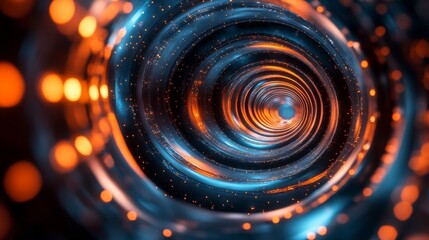 A mesmerizing abstract vortex with swirling patterns of glowing orange and blue lights, creating a sense of infinite depth and futuristic movement and wonder.