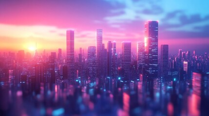 Fototapeta premium A stunning city skyline illuminated by the hues of a colorful sunset, featuring tall skyscrapers and a soft glow that creates a dreamy urban landscape.