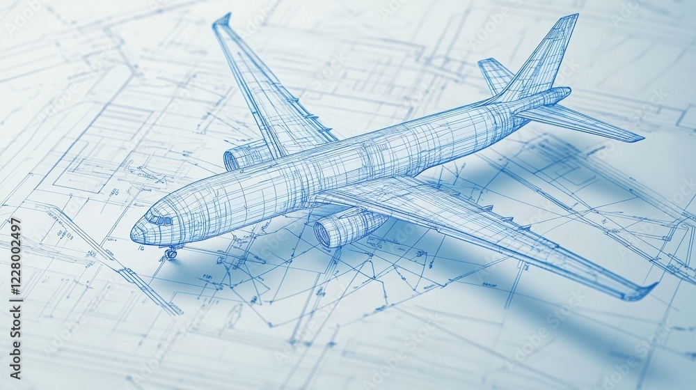 Leinwandbilder technical blueprints showcase detailed design of a modern airplane in a creative engineering layout.
