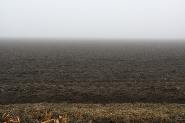 A vast, freshly plowed field stretches into the distance, disappearing into a dense fog that...